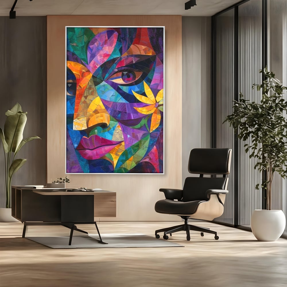 Tablou canvas cu tablou canvas cu chip de femeie in mozaic, in rama de aluminiu argintiu, pe perete intr-un birou